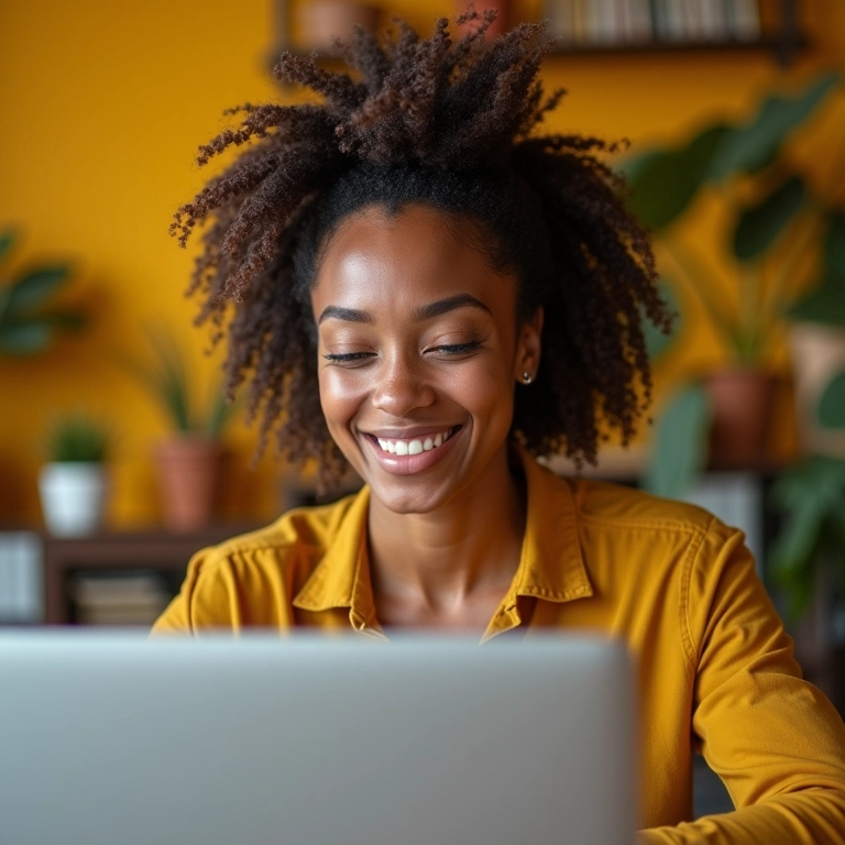 Mulher sorrindo, conectando-se online com outras mães.