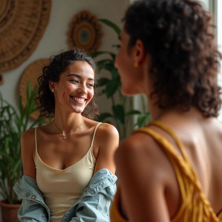 Mulher sorrindo confiante ao se ver no espelho, autoestima elevada pela moda.
