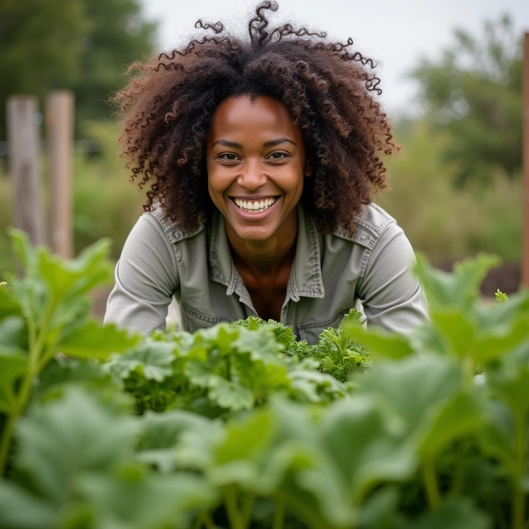 Mulher sorrindo cuidando de sua horta orgânica, demonstrando os benefícios da sustentabilidade.