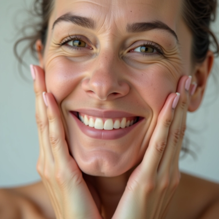 Mulher sorrindo demonstrando exercícios faciais para lifting natural do rosto.