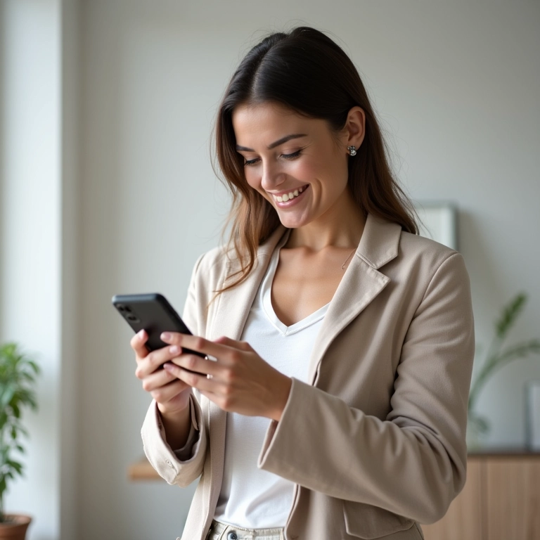 Mulher sorrindo em apartamento minimalista, verificando suas economias no celular.