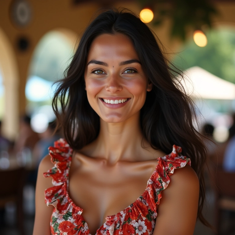Mulher sorrindo em café brasileiro, vestindo um vestido floral com babados.