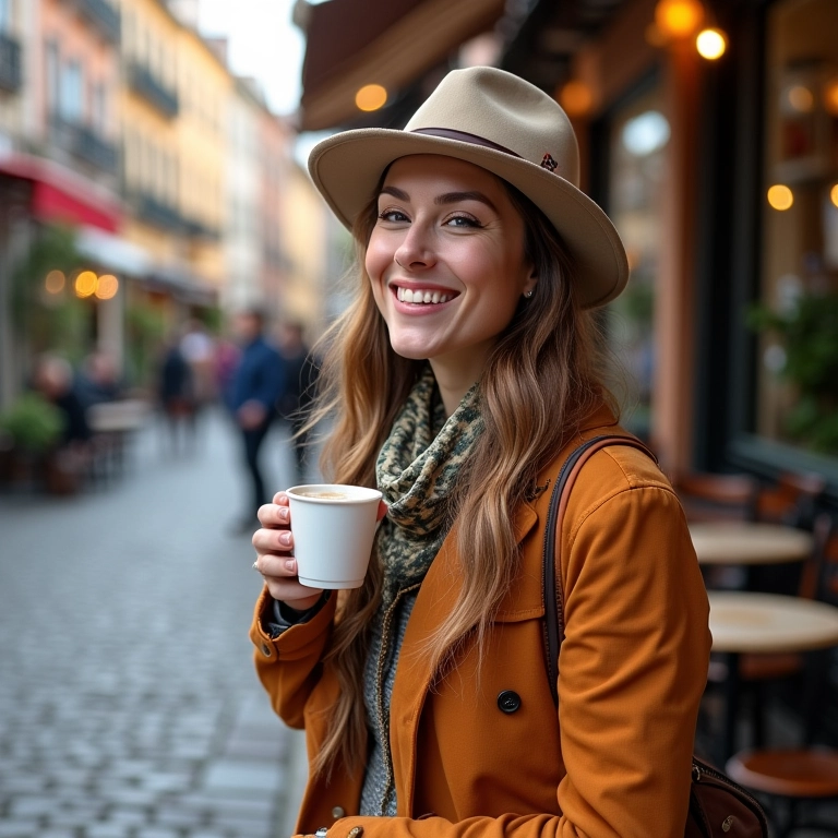 Mulher sorrindo em café europeu, primavera, viagem dos sonhos.