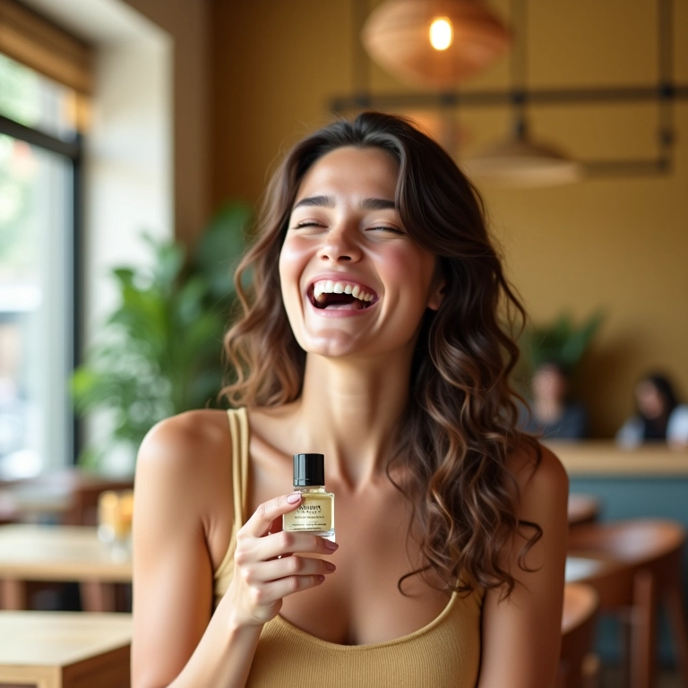 Mulher sorrindo em café, segurando perfume de baunilha.