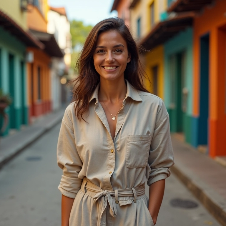 Mulher sorrindo em conjunto de linho em rua vibrante no Brasil.