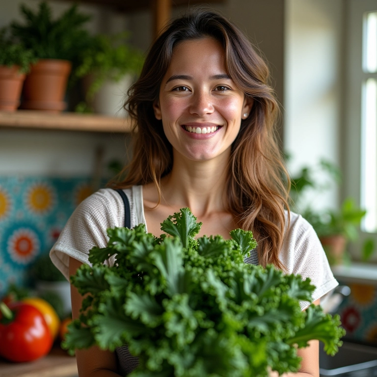 Mulher sorrindo em cozinha ensolarada segurando couve recém-colhida.