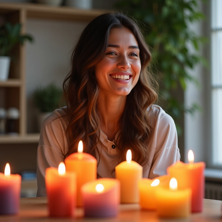 Mulher sorrindo em estúdio cercada por velas artesanais coloridas, representando a alegria de criar.