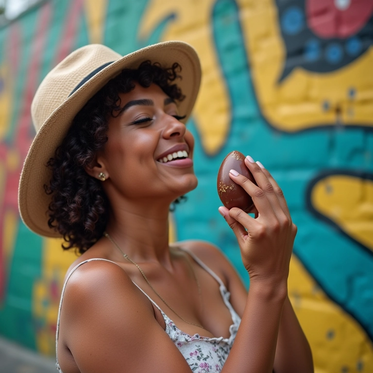 Mulher sorrindo em frente a painel de grafite colorido no Rio de Janeiro, celebrando a Páscoa com ovo de chocolate.