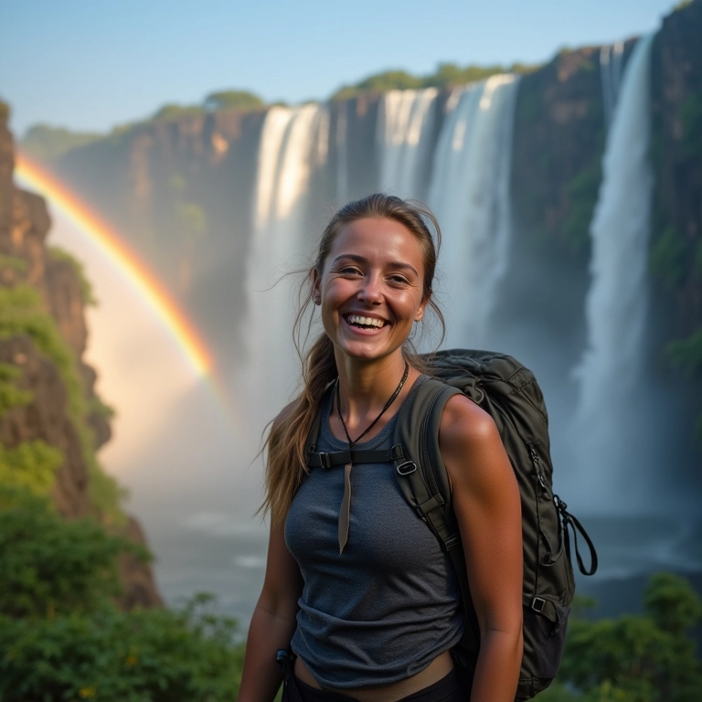 Mulher sorrindo em frente às Cataratas do Iguaçu com arco-íris.