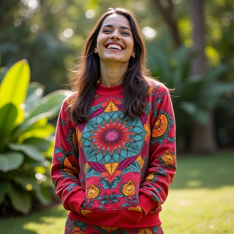 Mulher sorrindo em jardim botânico de Curitiba usando conjunto de moletom estampado e colorido.