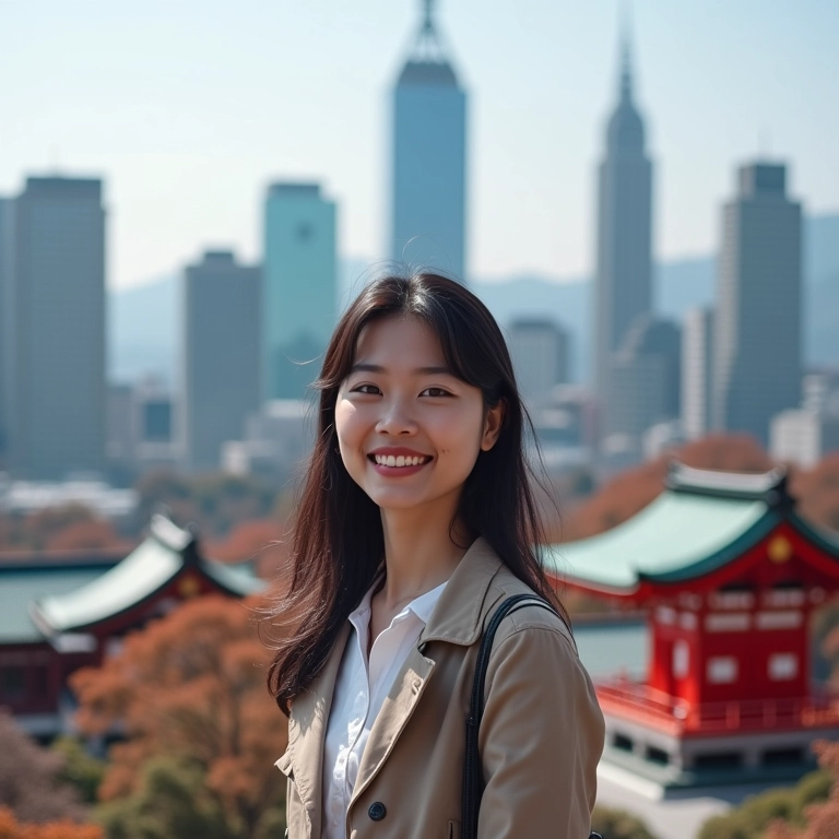 Mulher sorrindo em Kyoto, com templos antigos e arranha-céus modernos ao fundo.