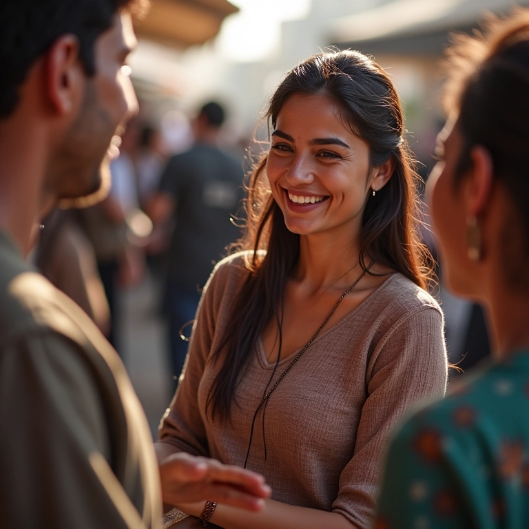 Mulher sorrindo em um mercado no Cairo, interagindo com moradores locais, demonstrando segurança para mulheres viajantes.