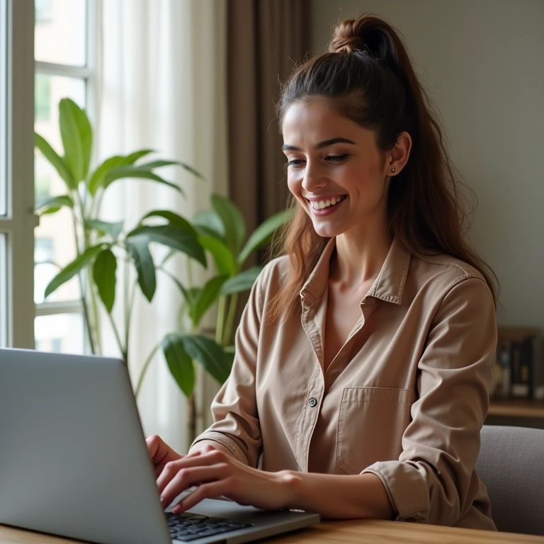 Mulher sorrindo em videochamada com personal shopper online em casa.