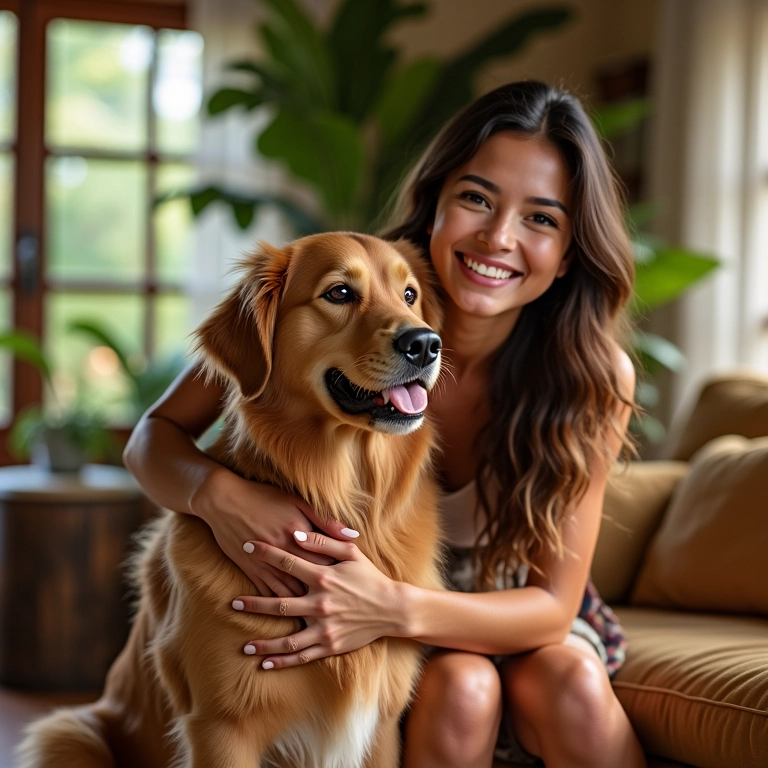 Mulher sorrindo enquanto acaricia um golden retriever em uma sala de estar aconchegante com decoração brasileira.