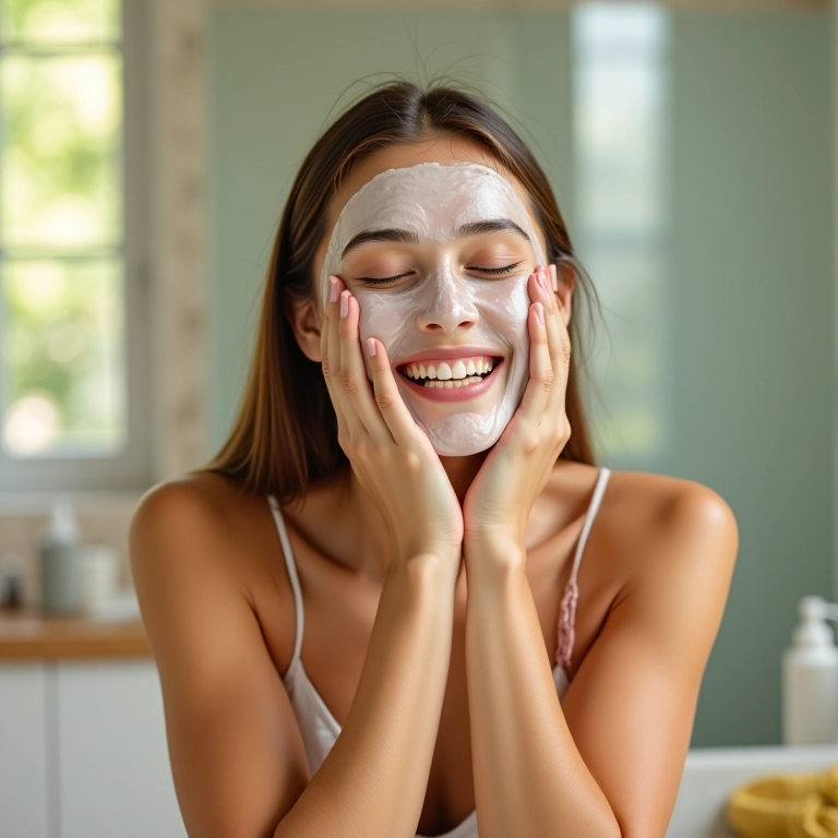 Mulher sorrindo enquanto aplica máscara de hidratação capilar em um banheiro vibrante.