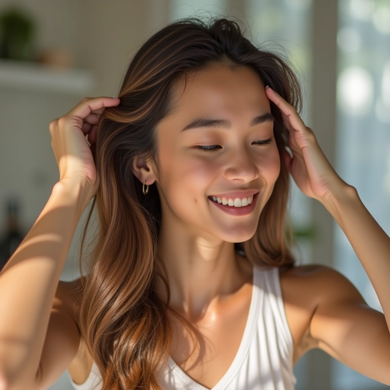 Mulher sorrindo enquanto aplica o Óleo Extraordinário Elseve no cabelo.