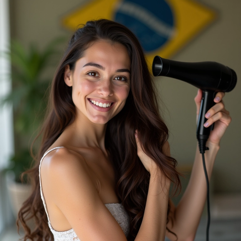Mulher sorrindo enquanto aplica protetor térmico no cabelo.