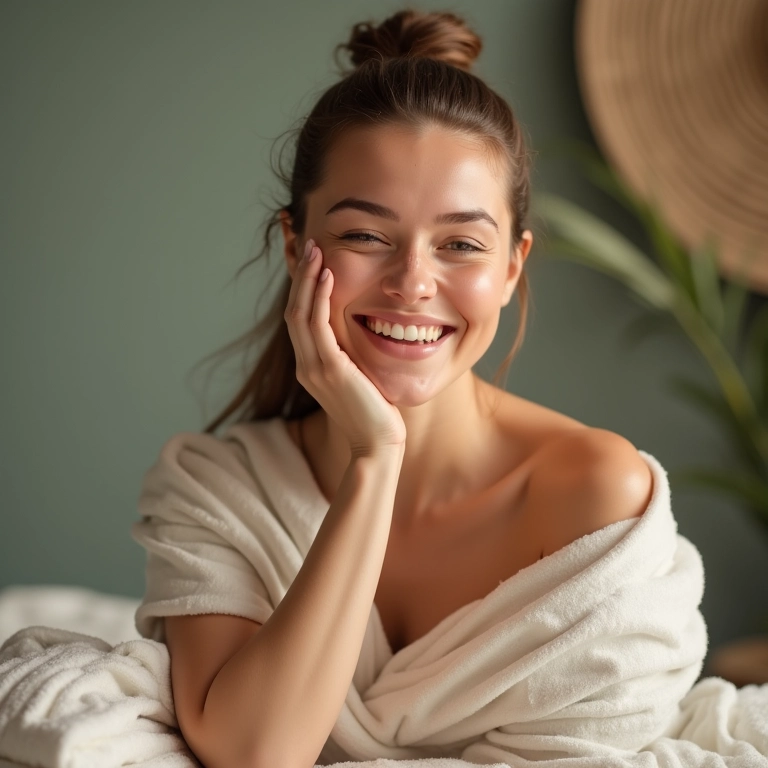 Mulher sorrindo enquanto cuida de si em um spa, investindo no amor-próprio.