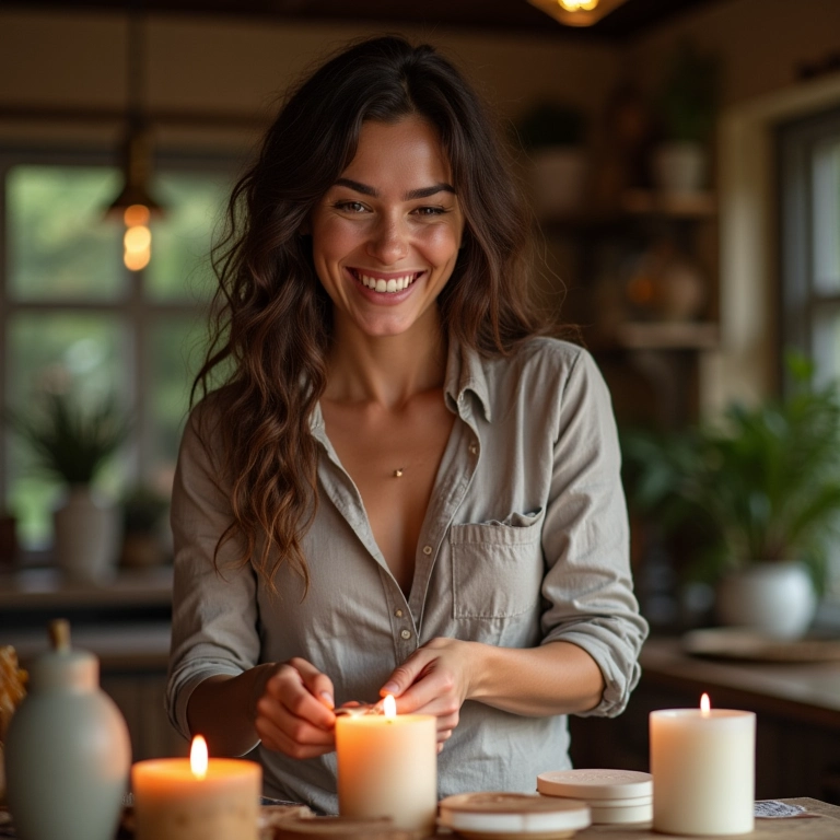 Mulher sorrindo enquanto faz velas artesanais em casa, desfrutando do processo.