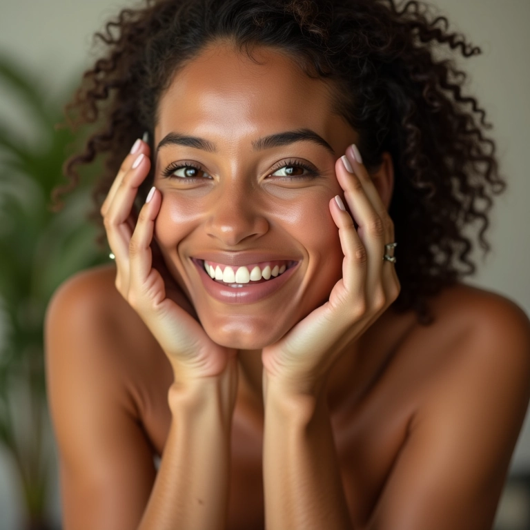 Mulher sorrindo enquanto hidrata a pele do rosto.