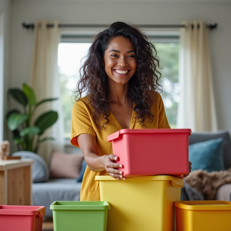 Mulher sorrindo enquanto organiza caixas coloridas em casa brasileira.