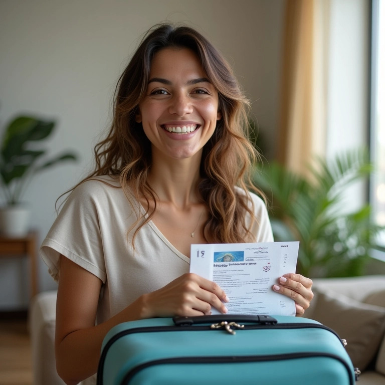 Mulher sorrindo enquanto organiza mala para viagem, segurando passagens aéreas.
