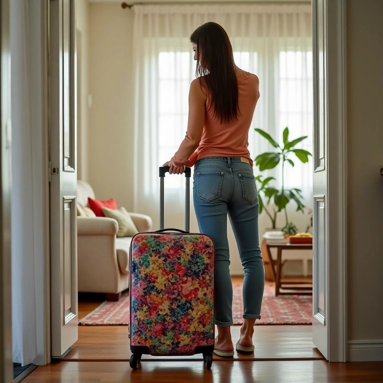 Mulher sorrindo enquanto organiza roupas coloridas em mala de mão estampada em apartamento vibrante.