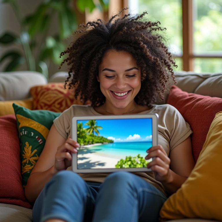 Mulher sorrindo enquanto pesquisa ilhas tropicais em tablet.