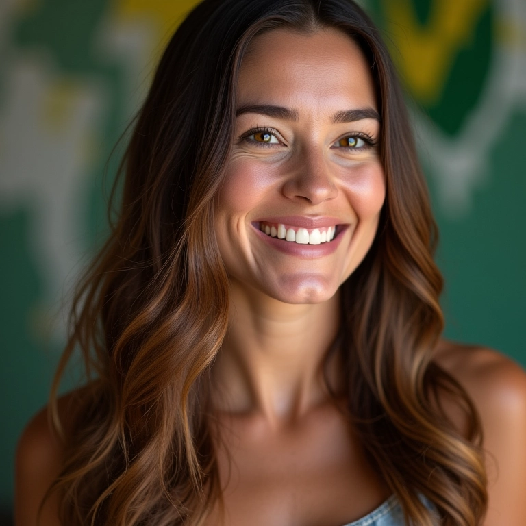 Mulher sorrindo exibindo cabelo longo e saudável após corte bordado, sem pontas duplas.