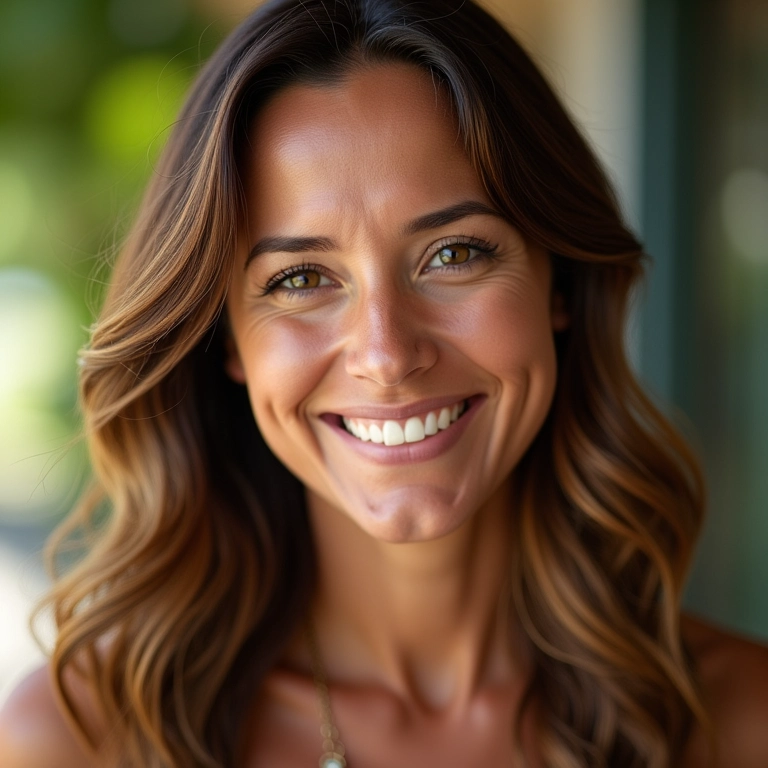 Mulher sorrindo exibindo cabelos saudáveis e brilhantes.