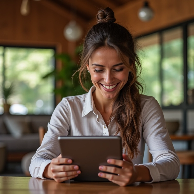 Mulher sorrindo, gerenciando contas recorrentes em um tablet.