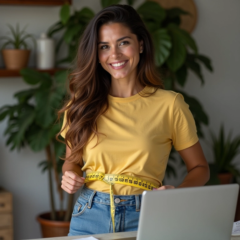 Mulher sorrindo, medindo a cintura com fita métrica em frente ao laptop com sites de compras.
