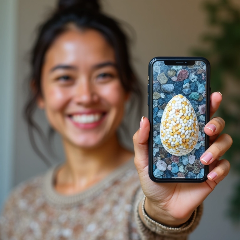 Mulher sorrindo, mostrando mosaico de casca de ovo, com postagem do Instagram visível no celular.