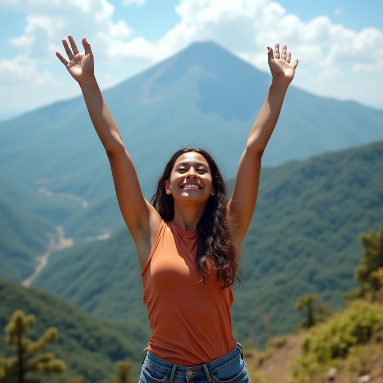 Mulher sorrindo no topo de montanha no Brasil, braços erguidos em vitória.