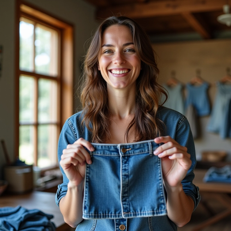 Mulher sorrindo orgulhosa de sua criação em jeans reciclado.