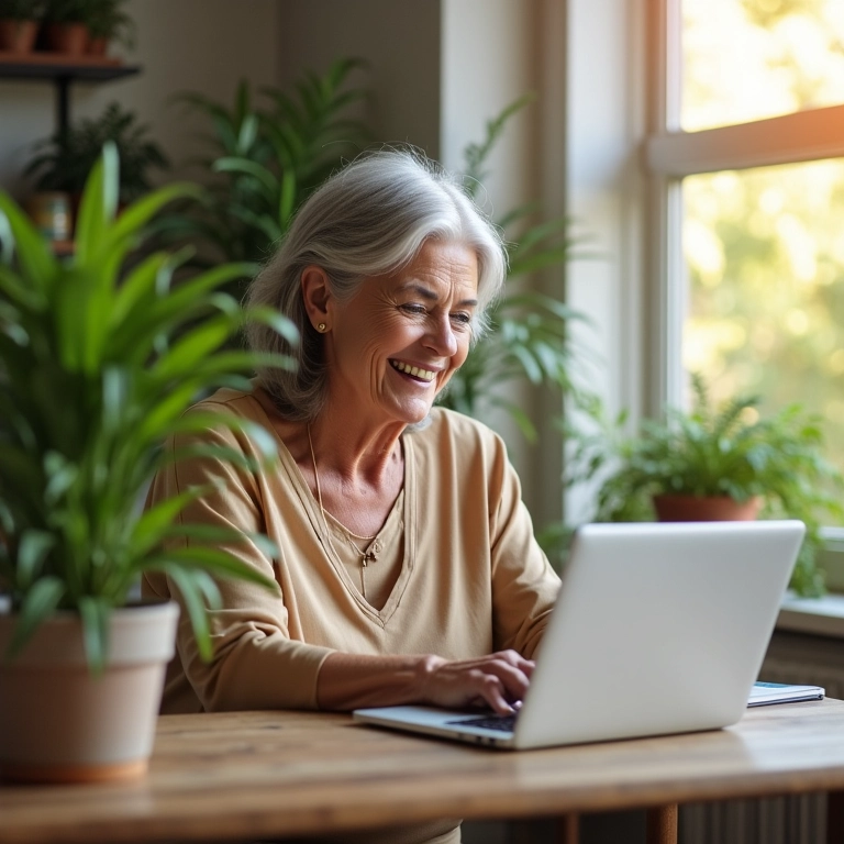 Mulher sorrindo paga contas online com confiança.