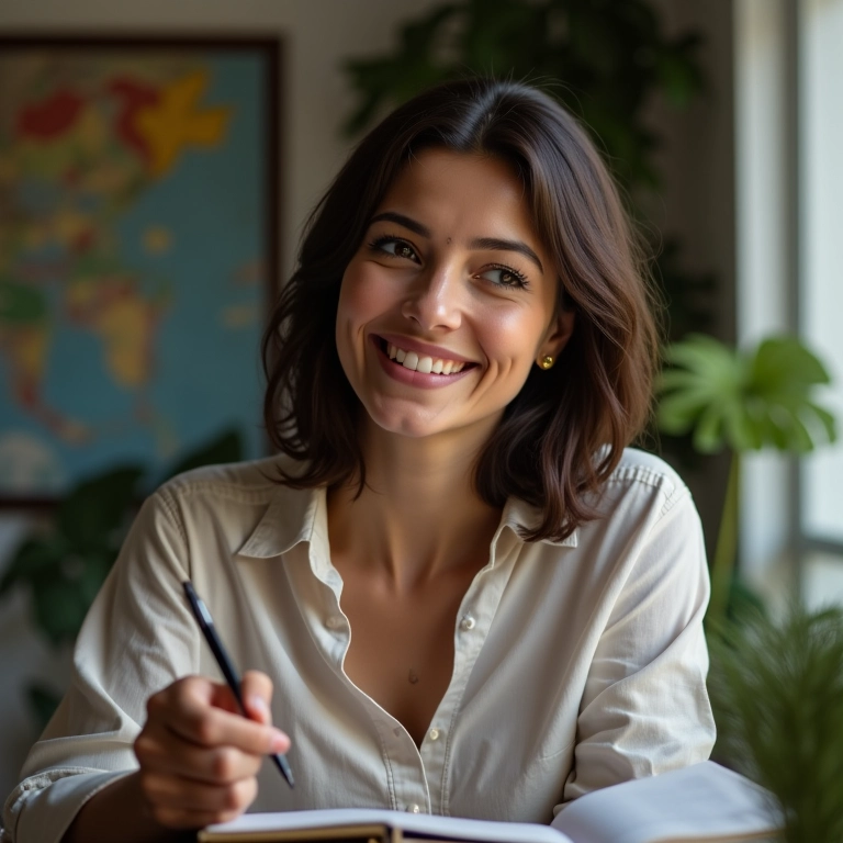 Mulher sorrindo, planejando o nome do bebê.
