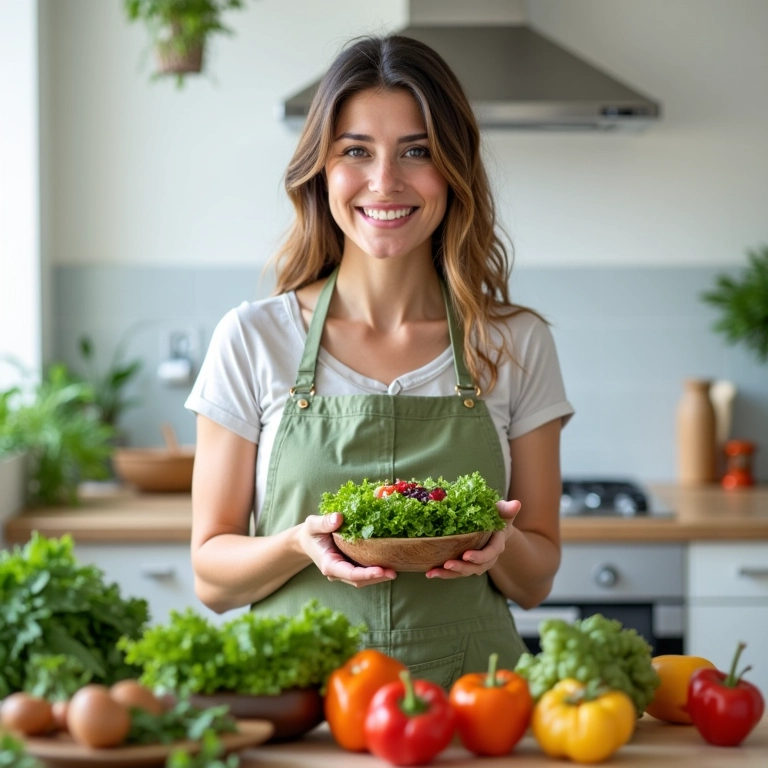 Mulher sorrindo preparando salada saudável em cozinha iluminada.