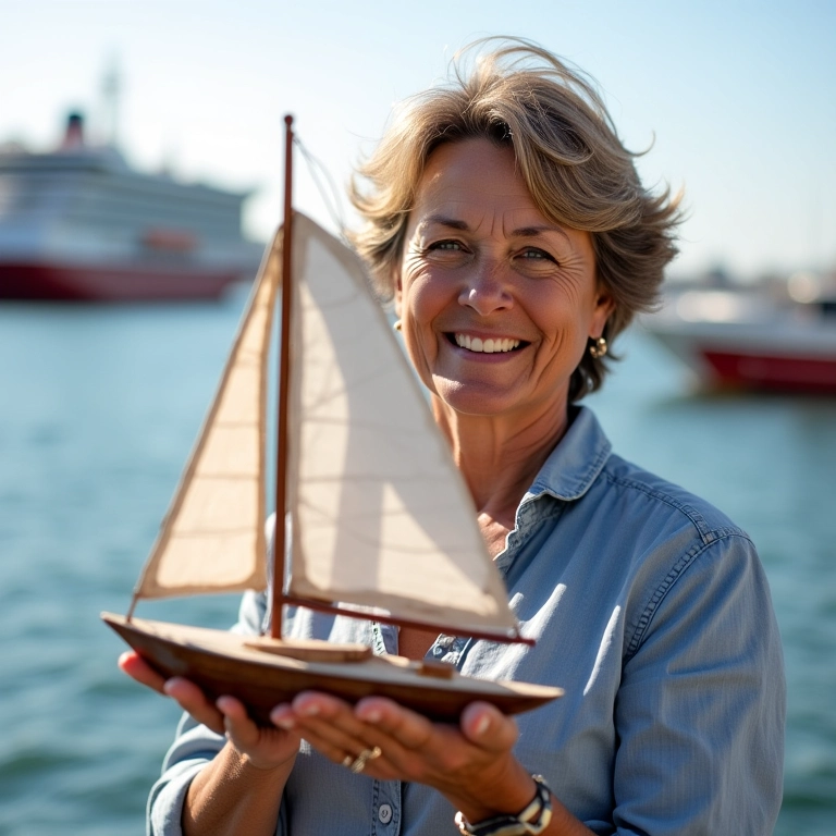Mulher sorrindo segurando barco à vela artesanal, porto ao fundo.