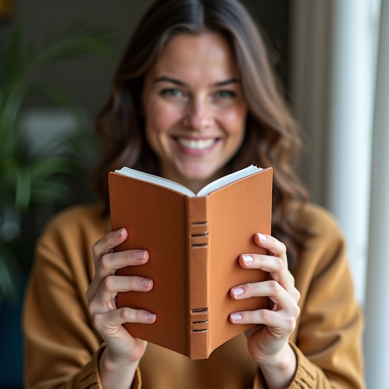Mulher sorrindo segurando caderno com encadernação copta.