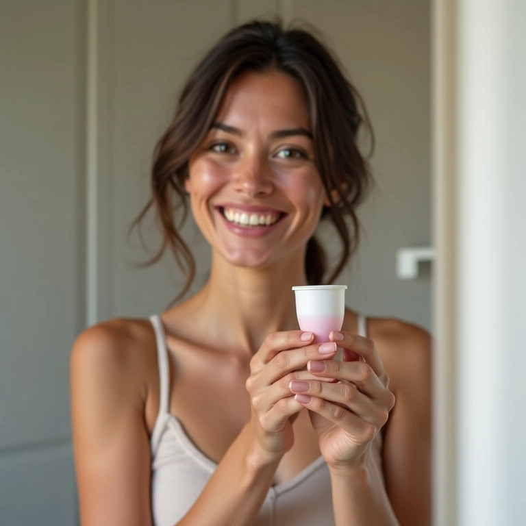 Mulher sorrindo segurando coletor menstrual no banheiro.