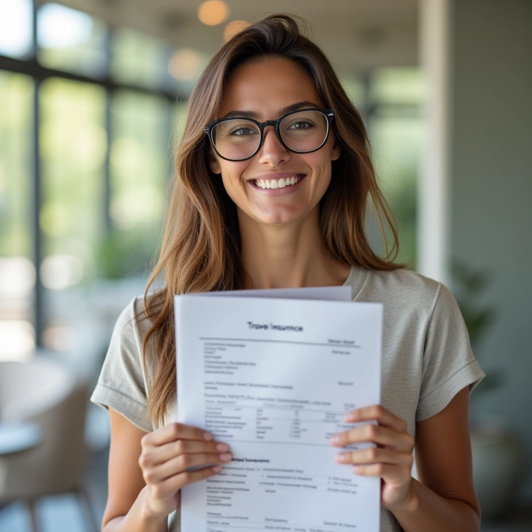 Mulher sorrindo segurando documentos de seguro de viagem.