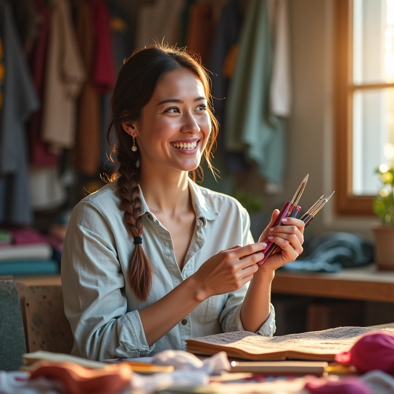 Mulher sorrindo segurando ferramentas de costura, explicando os benefícios da costura criativa.