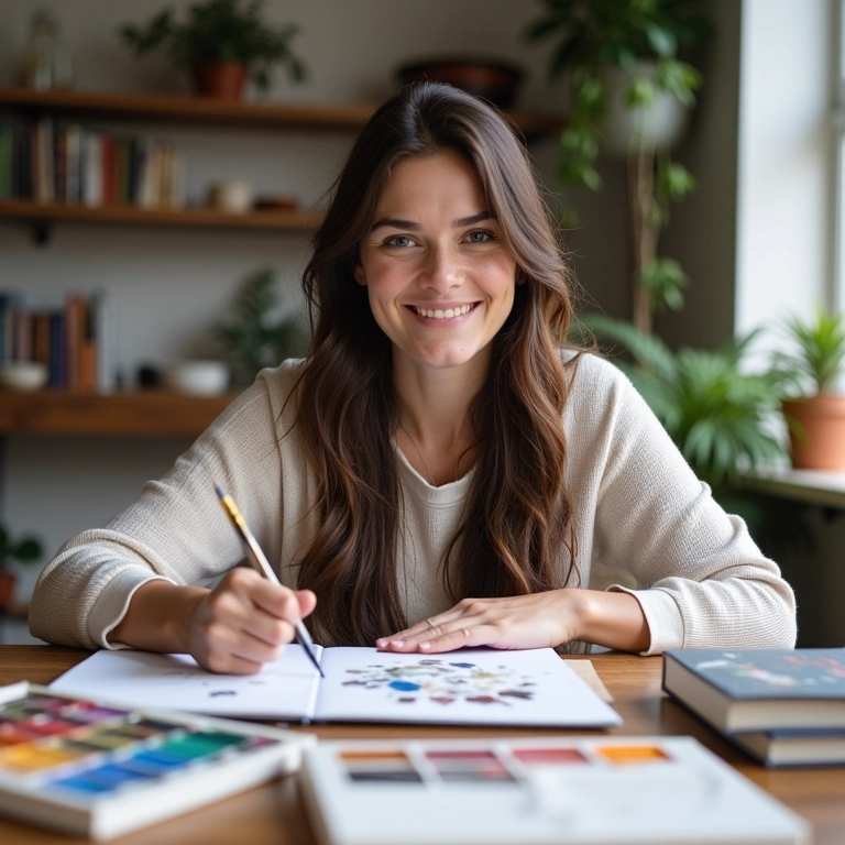 Mulher sorrindo segurando materiais de aquarela.