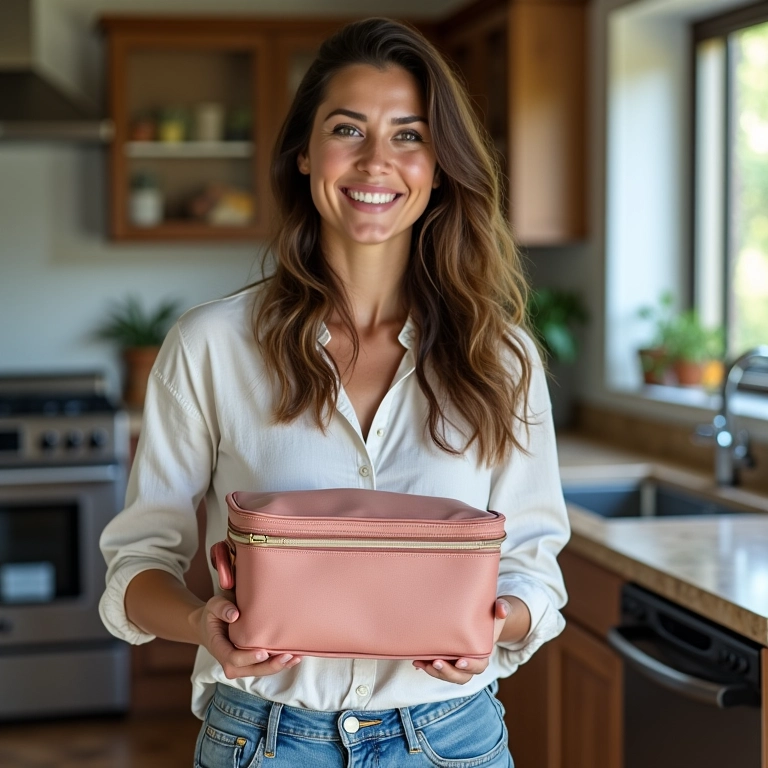 Mulher sorrindo segurando porta travessa térmico pronto.