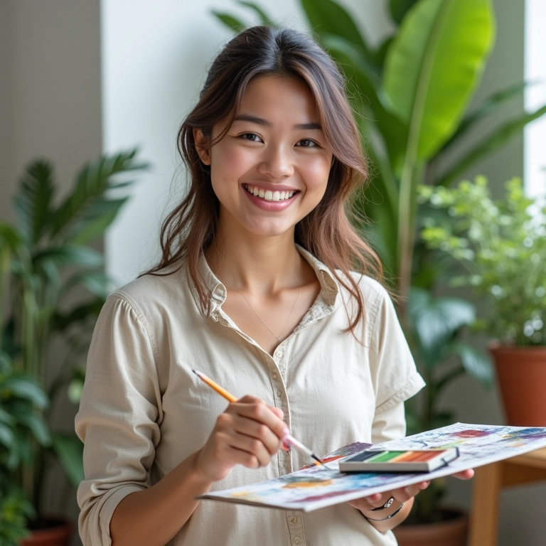 Mulher sorrindo segurando tintas aquarela.