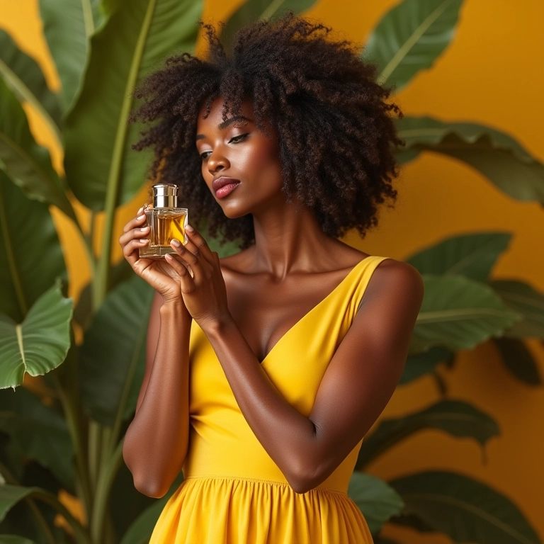 Mulher sorrindo segurando um frasco de perfume em um cenário vibrante e colorido.