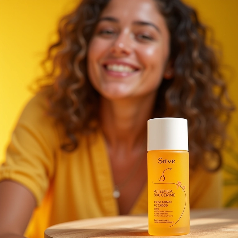 Mulher sorrindo, sérum da Sallve em destaque, luminosidade natural.