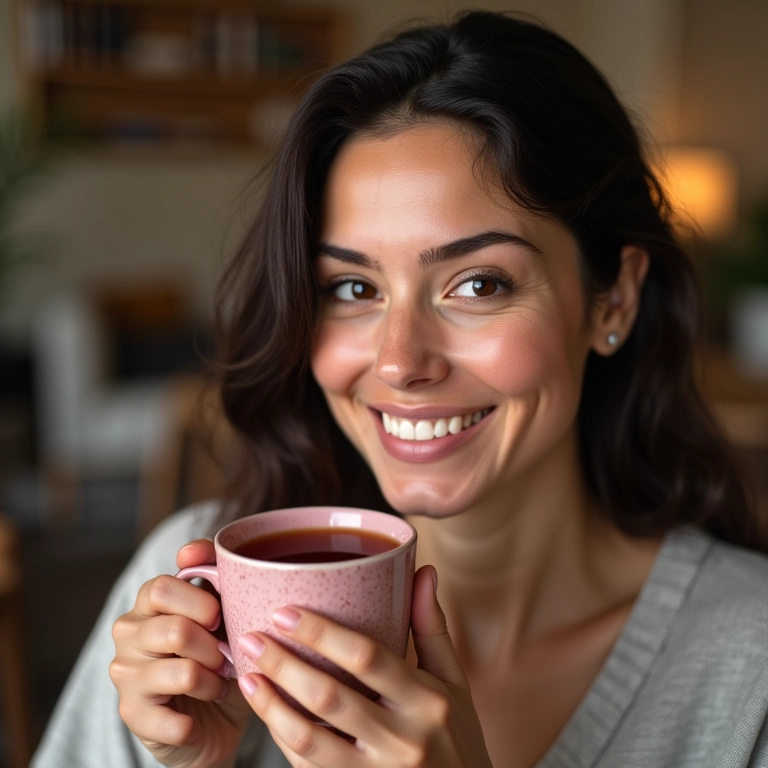Mulher sorrindo tomando chá de hibisco.