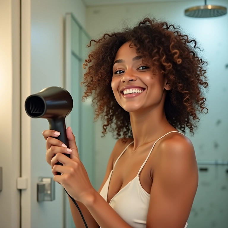 Mulher sorrindo usa secador de cabelo em banheiro moderno, com foco na saúde capilar.